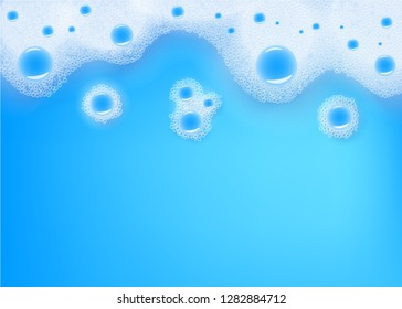 Vector white soap foam in blue liquid background. Water with shampoo or cleaning foam for bath, laundry or skin care related product packaging design backdrop.