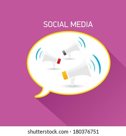 vector white social media abstract icon in shape of speech bubble and megaphones on violet background