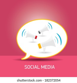 vector white social media abstract icon in shape of speech bubble and megaphones on pink background