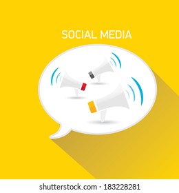 vector white social media abstract icon in shape of speech bubble and megaphones on orange background