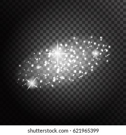 Vector white sparkle stars effect on the transparent background. Realistic glowing light for decoration.