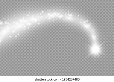 Vector white sparkling falling star. Stardust trail. Cosmic glittering wave. PNG. . Vector illustration