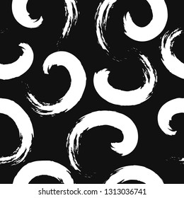 vector white spiral painting brush seamless pattern on black