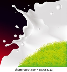 vector white splash milk illustration on dark red background ands green grass in front