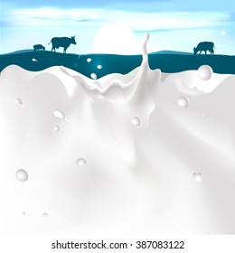 vector white splash milk illustration on dark blue background with cow and sunset