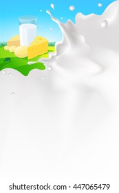 vector white splash milk illustration background with cheese and glass of milk in nature