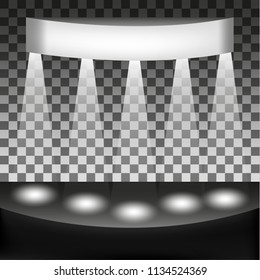 Vector white spotlight effect on the transparent background. Realistic glowing light for scene and podium decoration.