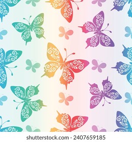 Vector white spring seamless pattern with flying lacy colorful gradient butterflies