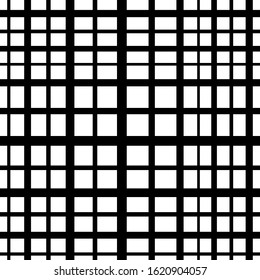 Vector white square checkered background or texture. Simple grid of intersecting lines. Abstract seamless patterns with squares. Cloth design, wallpaper. Black and white version.