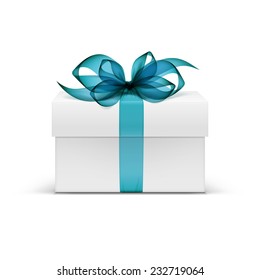 Vector White Square Gift Box with Light Blue Turquoise Azure Ribbon and Bow Isolated on Background