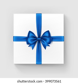 Vector White Square Gift Box with Shiny Blue Satin Bow 