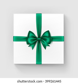 Vector White Square Gift Box with Shiny Bright Green Emerald Satin Bow and Ribbon Top View Close up Isolated on White Background