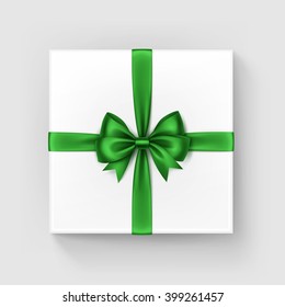 Vector White Square Gift Box with Shiny Bright Green Satin Bow and Ribbon Top View Close up Isolated on White Background