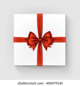 Vector White Square Gift Box with Shiny Red Satin Bow and Ribbon Top View Close up Isolated on White Background