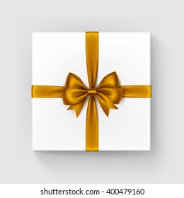 Vector White Square Gift Box with Shiny Orange Yellow Satin Bow and Ribbon Top View Close up Isolated on White Background
