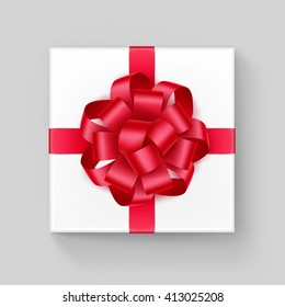 Vector White Square Gift Box with Shiny Red Scarlet Ribbon Bow Close up Top view Isolated on Background