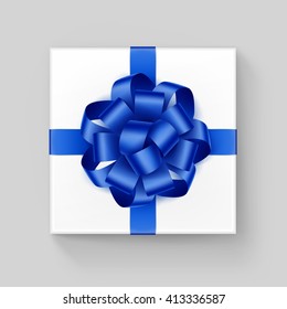 Vector White Square Gift Box with Shiny Blue Ribbon Bow Close up Top view Isolated on Background