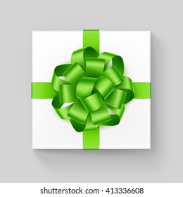 Vector White Square Gift Box with Shiny Light Green Ribbon Bow Close up Top view Isolated on Background