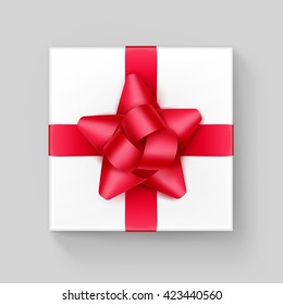 Vector White Square Gift Box with Shiny Red Scarlet Ribbon Bow Close up Top view Isolated on Background