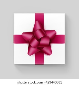 Vector White Square Gift Box with Shiny Magenta Dark Pink  Burgundy Ribbon Bow Close up Top view Isolated on Background