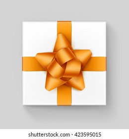 Vector White Square Gift Box with Shiny Yellow Golden Ribbon Bow Close up Top view Isolated on Background