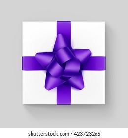 Vector White Square Gift Box with Shiny Purple Violet Ribbon Bow Close up Top view Isolated on Background