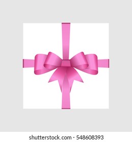 Vector White Square Gift Box with Shiny Magenta Dark Pink Satin Bow.