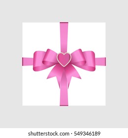 Vector White Square Gift Box with  Satin Bow decorated with ruby heart. Vector image.