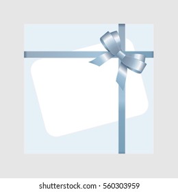 Vector White Square Gift Box with Rectangle paper card and tied Blue Satin Bow. Vector image.