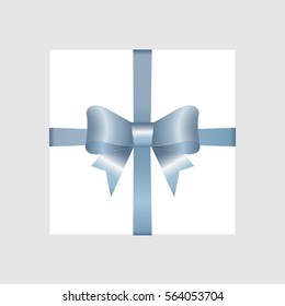 Vector White Square Gift Box with Satin Blue Bow. Vector image.