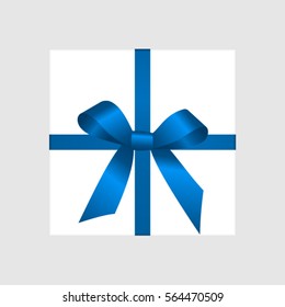 Vector White Square Gift Box with Shiny Blue Satin Bow.
