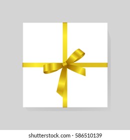 Vector White Square Gift Box with Shiny Yellow Satin Bow.