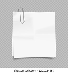 Vector white square paper with paper clip on transparent background.