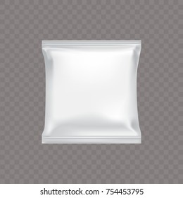 Vector white square plastic packaging for food snacks, chip cookies candy, isolated on a transparent background in a realistic style. The layout design of the package is ready for branding.