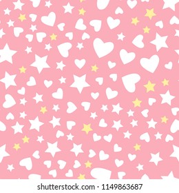 Vector white star and heart seamless pattern Isolated on pink background.