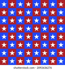 Vector of white star on red and blue square. Star background. America sign. Seamless pattern for cloth, dress, fashion, cover skin, curtains, wrapping paper.