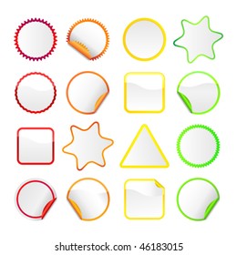 Vector white stickers in various shapes with colored borders. Some have curls on the edges. JPG and TIFF versions of this image are also available in my portfolio.