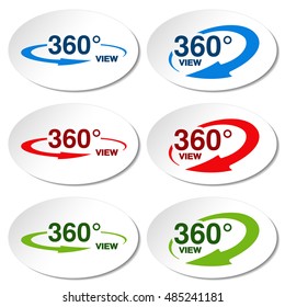 Vector White Stickers For Virtual Tour, Oval Labels With Blue, Red, Green Arrow And With Text 360 And View. 
