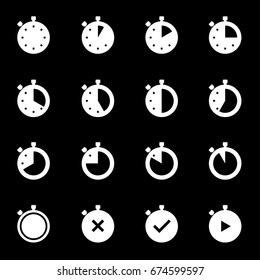 Vector white stopwatch icons set on black background