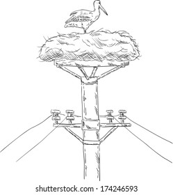 vector - White stork sitting on the nest on the mast