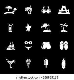 Vector white summer and beach icons set on black background
