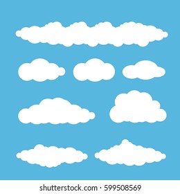 vector white summer clouds set isolated on blue sky background. flat sky cloud icon collection 