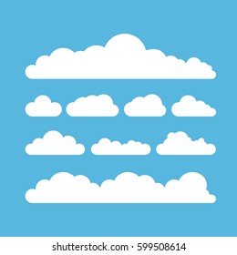 vector white summer clouds set isolated on blue sky background. flat sky cloud icon collection 
