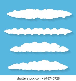 vector white summer clouds with transparent shadow isolated on blue sky background. flat sky cloud icon collection