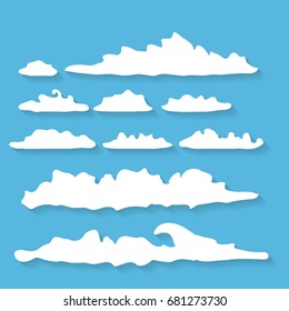 vector white summer clouds with transparent shadow isolated on blue sky background. flat sky cloud icon collection