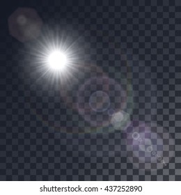 Vector white sun with light effects. Rays, hotspots on transparent like background. Colorful glints and flares.