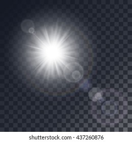 Vector white sun with light effects. Rays, hotspots on transparent like background.