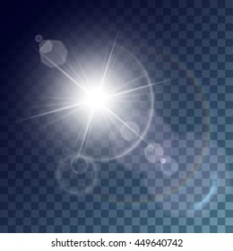 Vector white sun with light effects. Rays, hotspots, rainbow halo and flares on transparent like background. Release clipping mask for work.