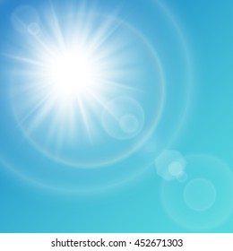 Vector white sun with light effects. Rays, hotspots on blue sky background. Contains clipping mask.
