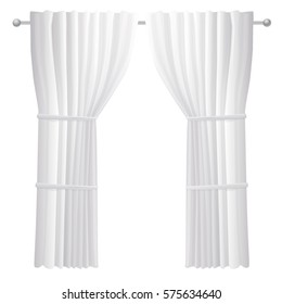 Vector white symmetric opened curtains isolated on white background